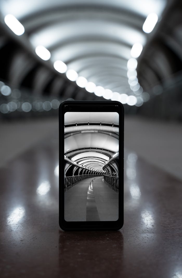 Black and white smartphone photo capturing a modern tunnel with bokeh effect.